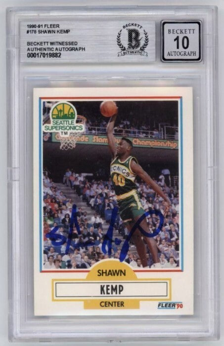 Shawn Kemp 1990-91 Fleer #178 Rookie RC Signed Beckett Witness BAS BGS 10 Auto-Powers Sports Memorabilia