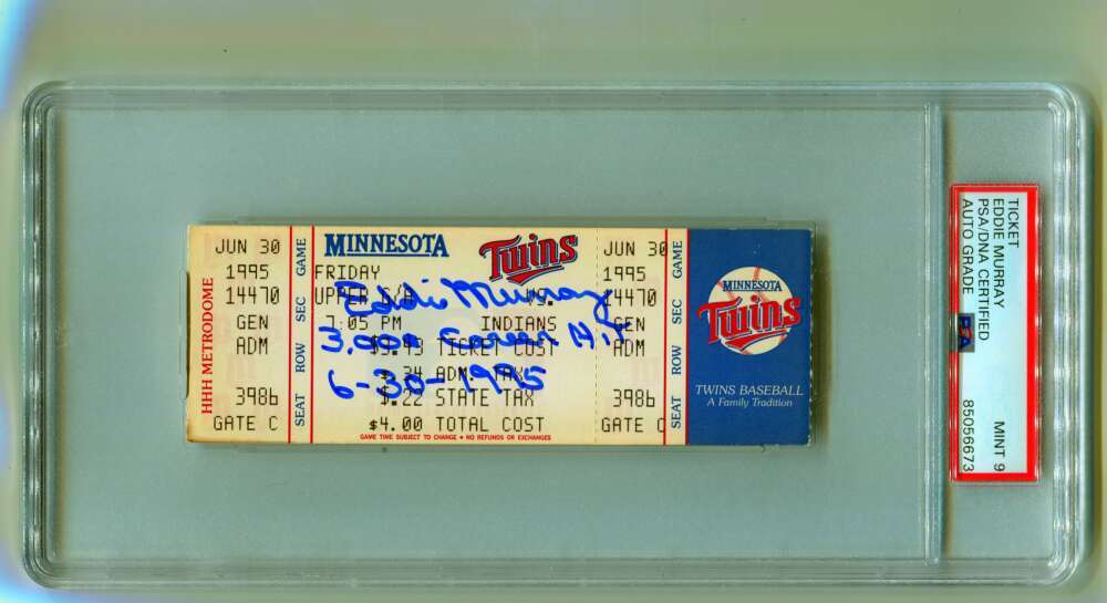Eddie Murray Signed 3000th Hit Game Ticket 6/30/1995 w/ Inscription PSA 9 Auto-Powers Sports Memorabilia