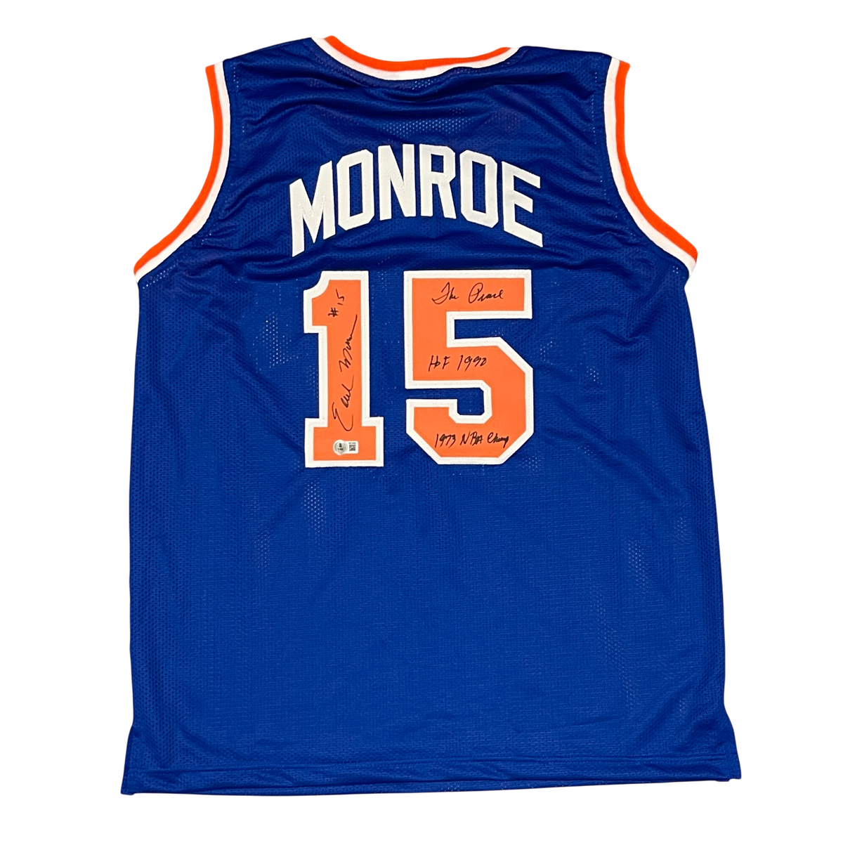 Earl Monroe Signed NY Knicks Custom Jersey w/ 3 Ins Beckett Witness BAS COA-Powers Sports Memorabilia