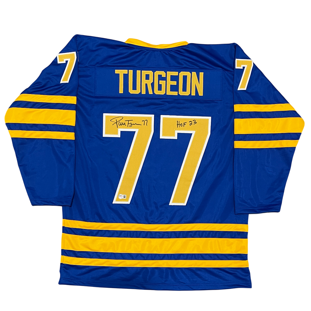 Pierre Turgeon Signed Sabres Custom Jersey w/ HOF 23 Beckett Witness BAS COA-Powers Sports Memorabilia