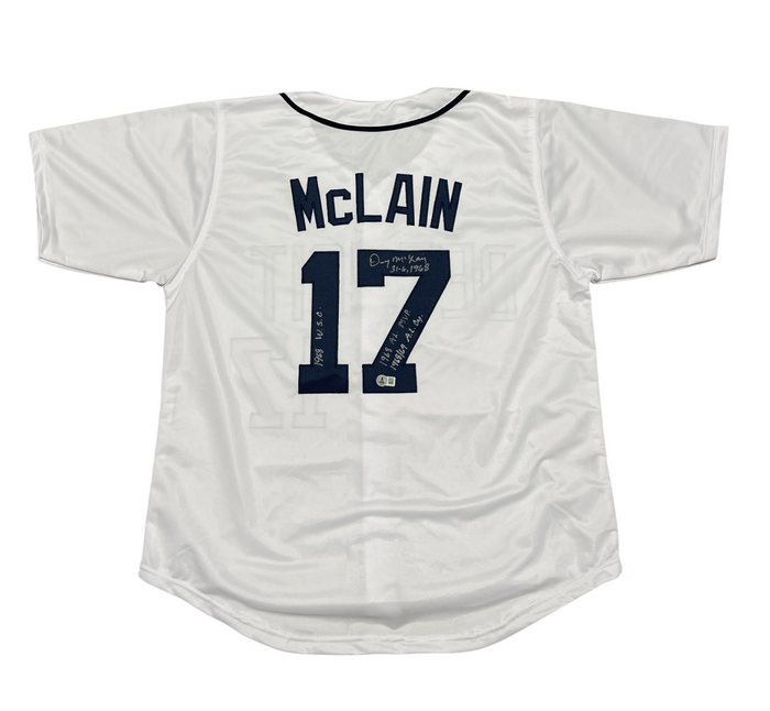 Denny McLain Signed Tigers Custom White Jersey w/ 4 Insc Beckett Wit BAS COA-Powers Sports Memorabilia