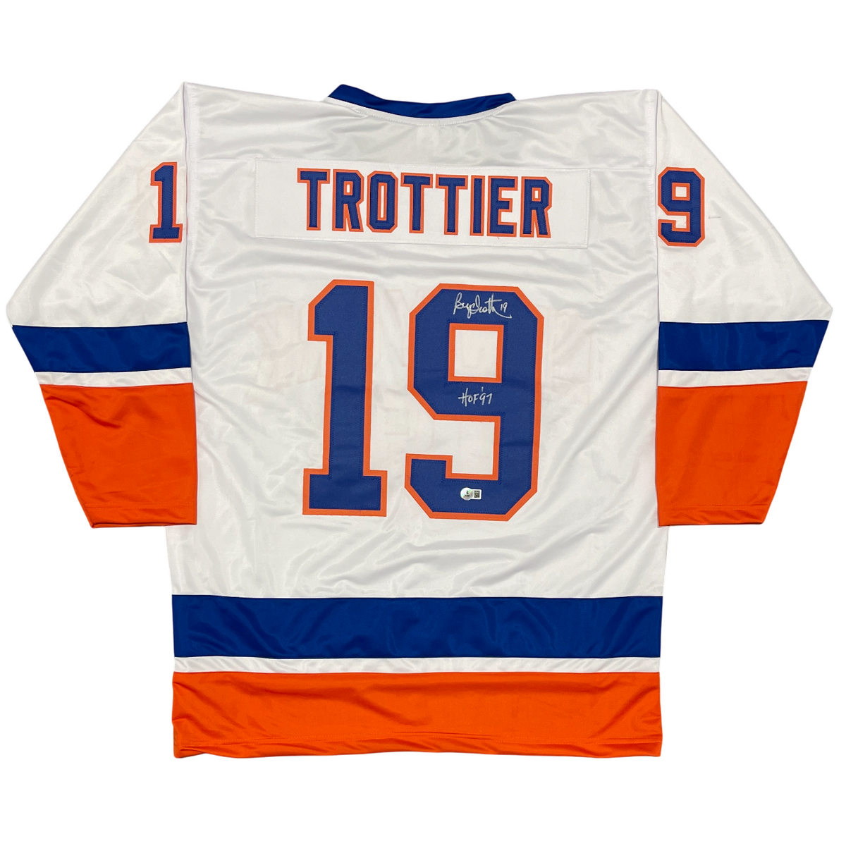 Bryan Trottier Signed Islanders Custom Jersey w/ HOF 97 Beckett Witness BAS COA-Powers Sports Memorabilia