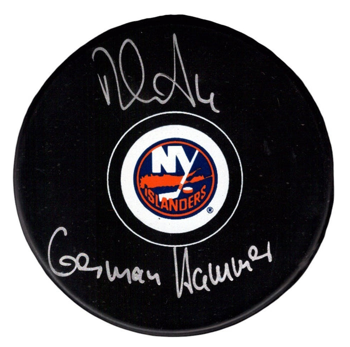 Dennis Seidenberg Signed Islanders Logo Puck w/ German Hammer JSA Witness Authenticated-Powers Sports Memorabilia