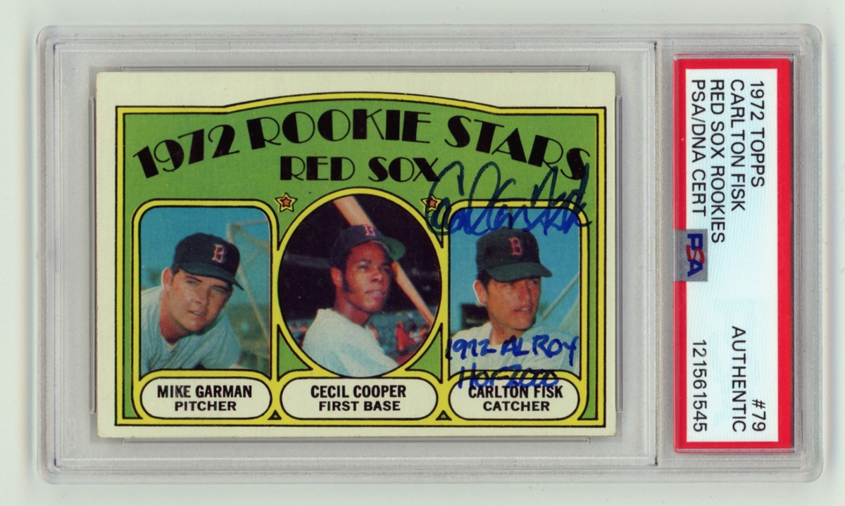 Carlton Fisk 1972 Topps Signed Rookie RC w/ 1972 AL ROY HOF 2000 PSA Authentic-Powers Sports Memorabilia