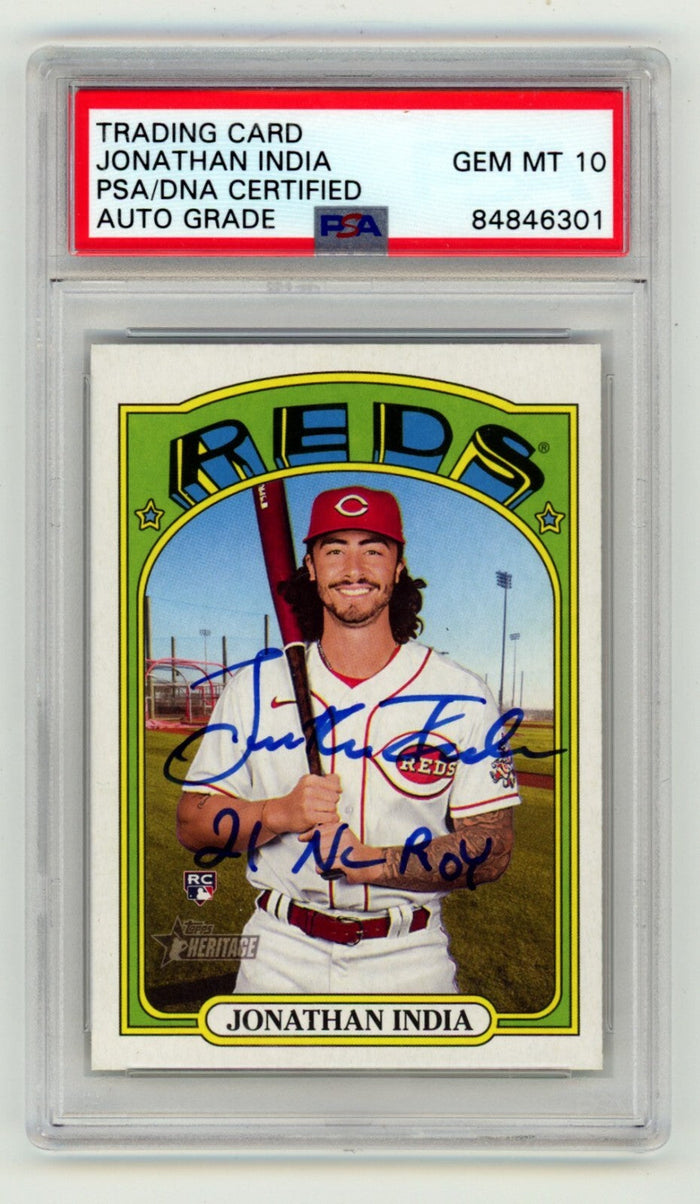 Jonathan India 2021 Topps Heritage 541 Rookie RC Signed w/ 21 NL ROY PSA 10 Auto-Powers Sports Memorabilia