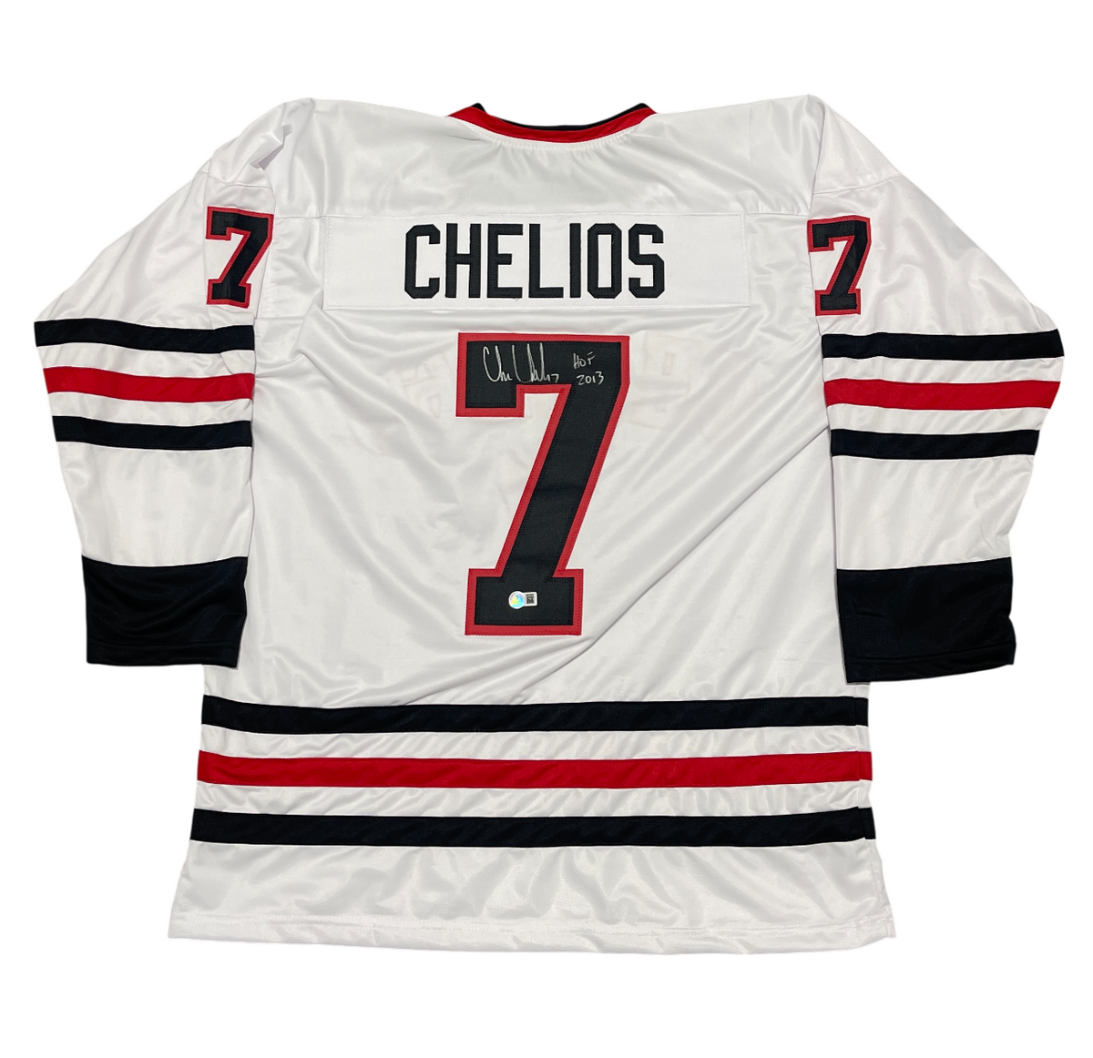 Chris Chelios Signed Chicago Custom Jersey w/ HOF 2013 Beckett Witness BAS COA-Powers Sports Memorabilia
