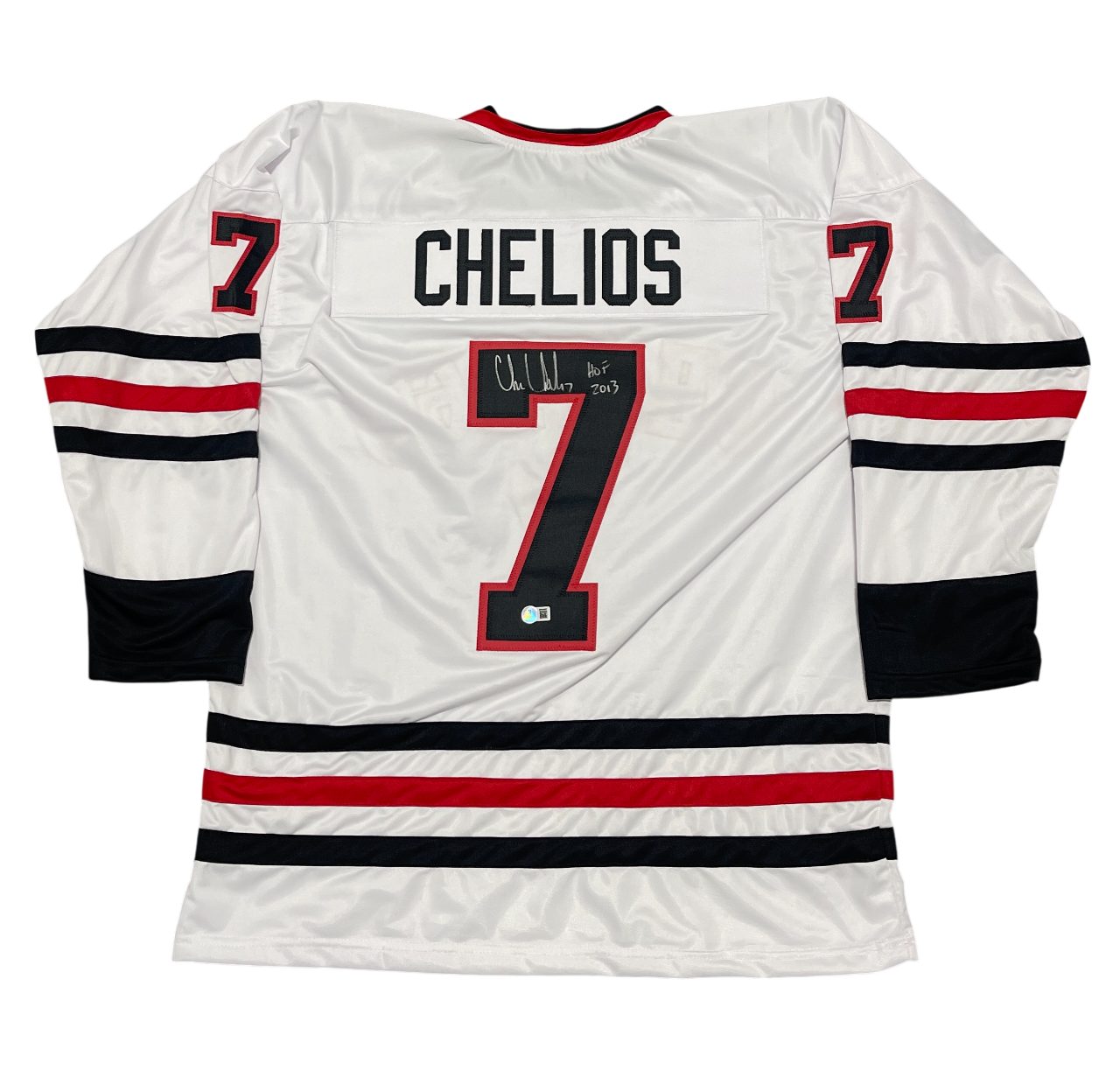 Chris Chelios Signed Custom Jersey w/ HOF 2013 Beckett Witness Authenticated - White Jersey-Powers Sports Memorabilia