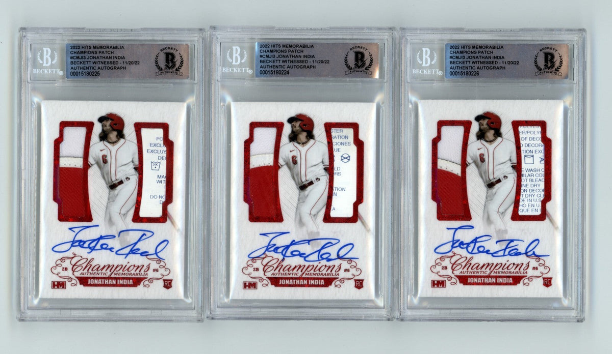 Jonathan India 2021 Hits Memorabilia Champions Red Patch Dual Auto RC /3 BGS BAS-Powers Sports Memorabilia