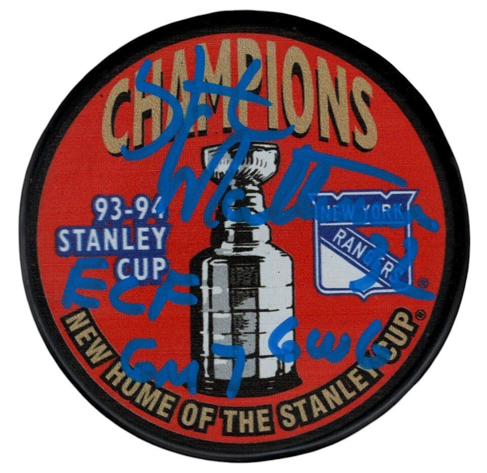 Stephane Matteau Signed Rangers 1994 Cup Puck w/ ECF GM 7 GWG Beckett W BAS COA-Powers Sports Memorabilia