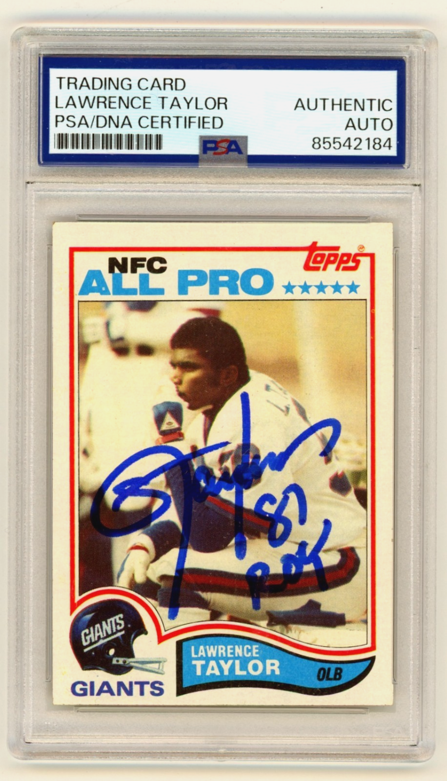Lawrence Taylor 1982 Topps 434 Signed Rookie RC w/ 81 ROY Ins PSA Authentic Auto-Powers Sports Memorabilia