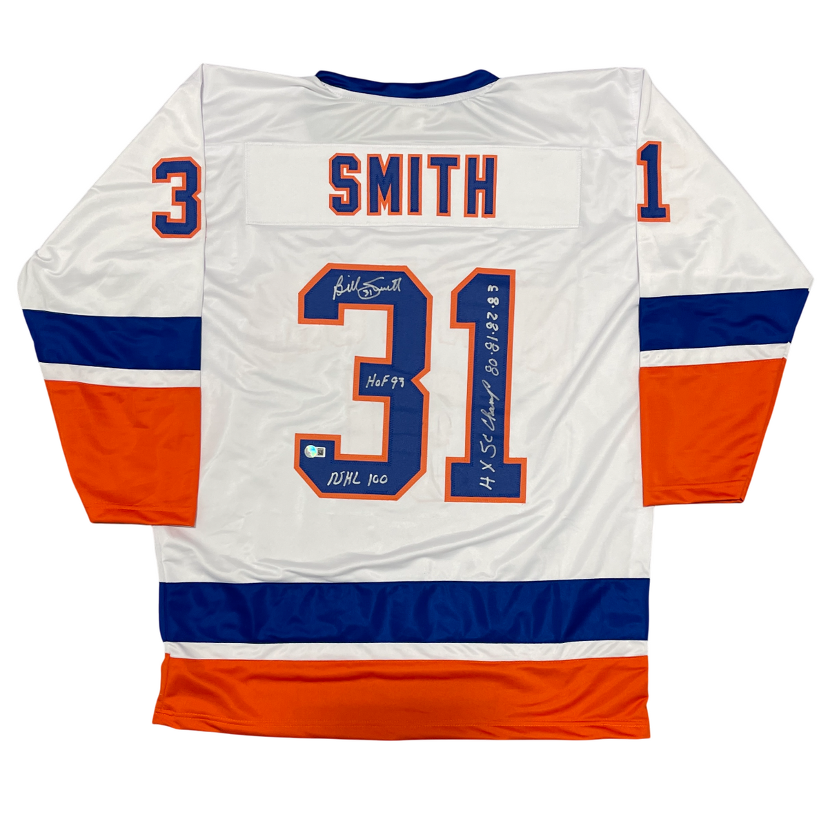 Billy Smith Signed New York Islanders Custom Jersey w/ 3 Ins Beckett Wit BAS COA-Powers Sports Memorabilia
