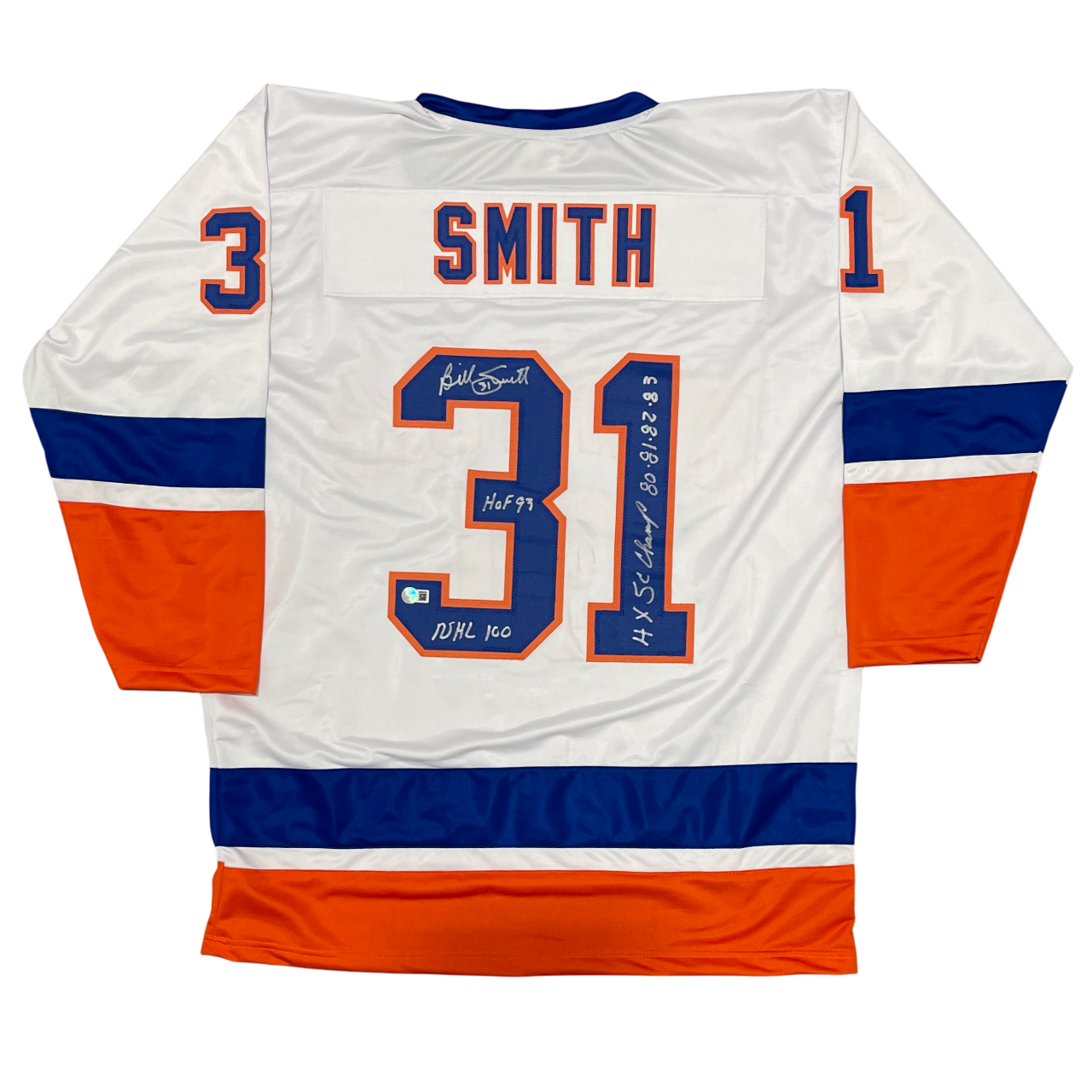 Billy Smith Signed Custom Jersey w/ 3 Ins Beckett Witness Authenticated-Powers Sports Memorabilia