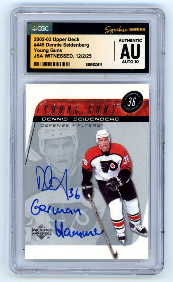 Dennis Seidenberg 2002-03 UD Young Guns RC w/ Ins Signed JSA CGC 10 Auto-Powers Sports Memorabilia