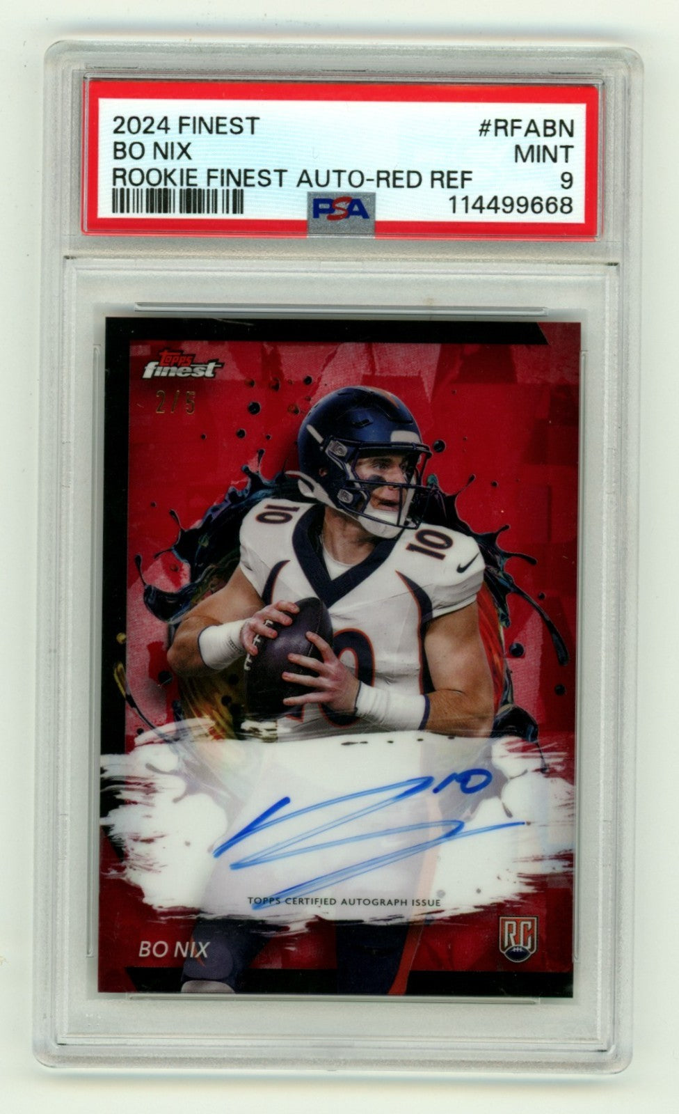 Bo Nix 2024 Topps Finest Rookie Auto Red Refractor #2/5 RC PSA 9 Broncos POP 1-Powers Sports Memorabilia