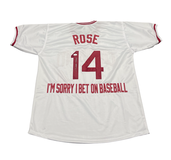 Pete Rose Signed Cincinnati Reds Custom Im Sorry I Bet Jersey JSA COA-Powers Sports Memorabilia