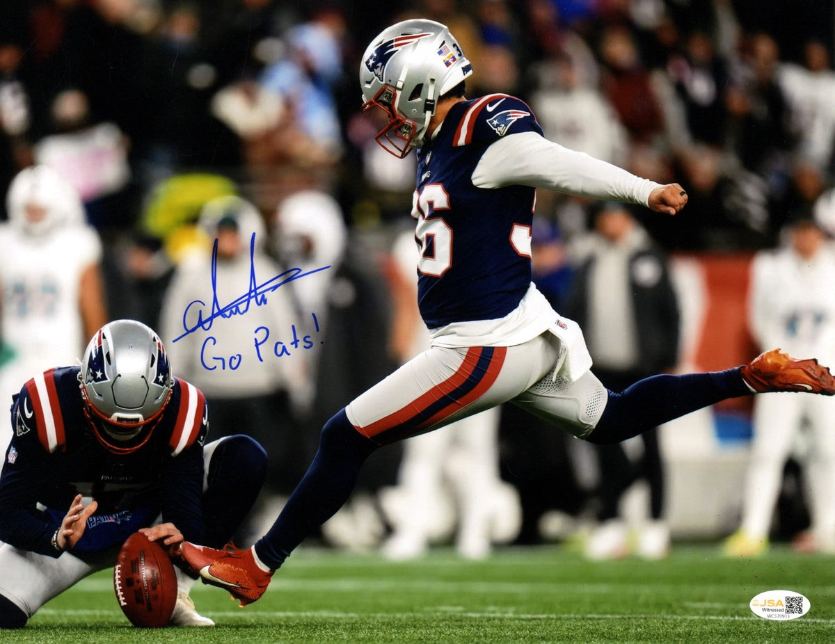 Andres Borregales Signed Patriots 11x14 Photo w/ Go Pats! JSA Witness Authenticated-Powers Sports Memorabilia