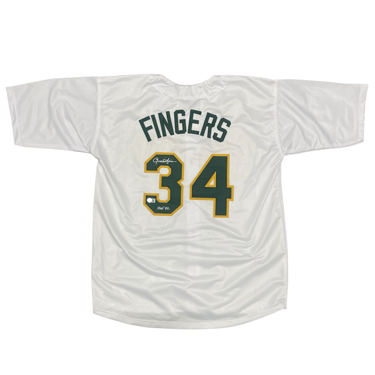 Rollie Fingers Signed Custom Jersey w/ HOF 92 Beckett Witness Authenticated-Powers Sports Memorabilia