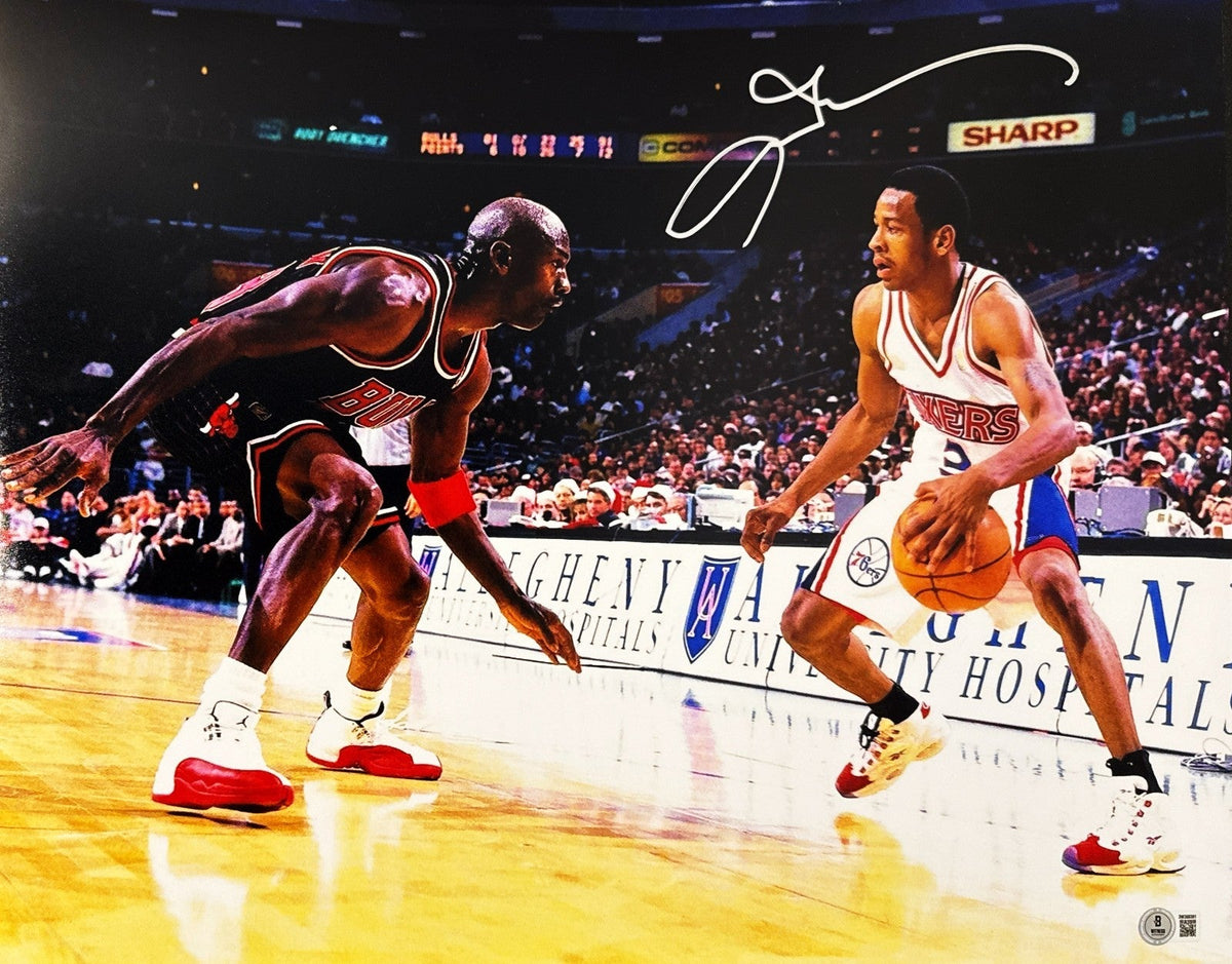 Allen Iverson Signed 76ers 16x20 Photo vs Michael Jordan Beckett Witness Authenticated-Powers Sports Memorabilia