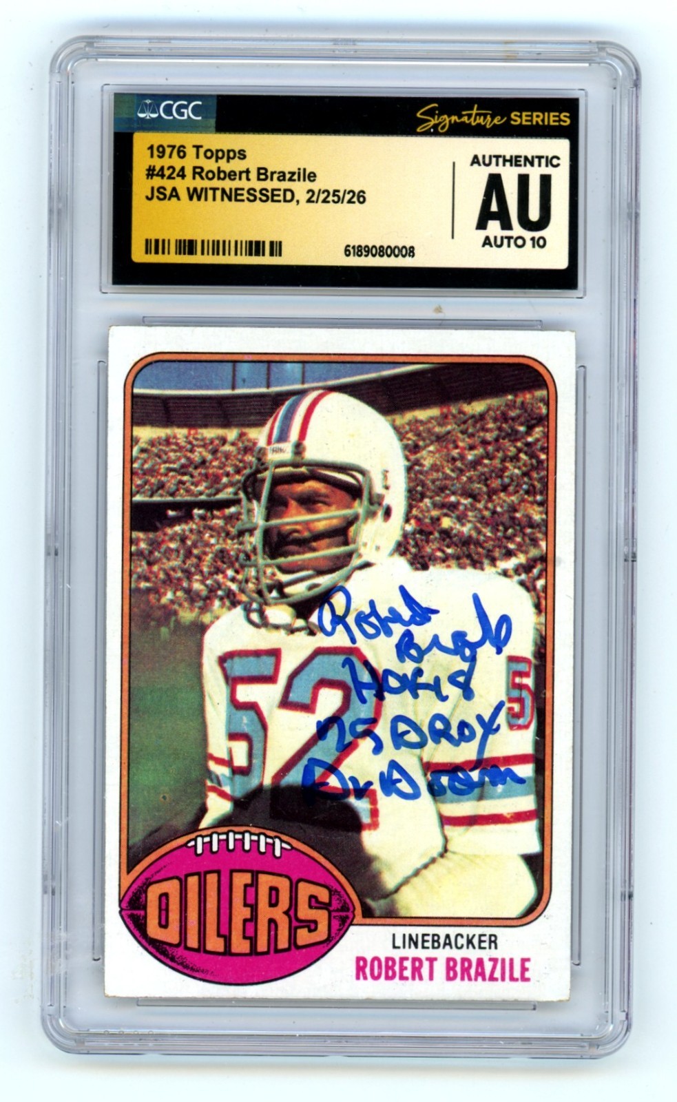 Robert Brazile 1976 Topps Signed Rookie RC w/ 3 Insc. JSA CGC Authentic 10 Auto-Powers Sports Memorabilia