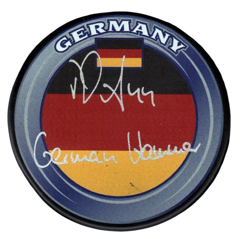 Dennis Seidenberg Signed Germany Logo Puck w/ German Hammer JSA Witness Authenticated-Powers Sports Memorabilia