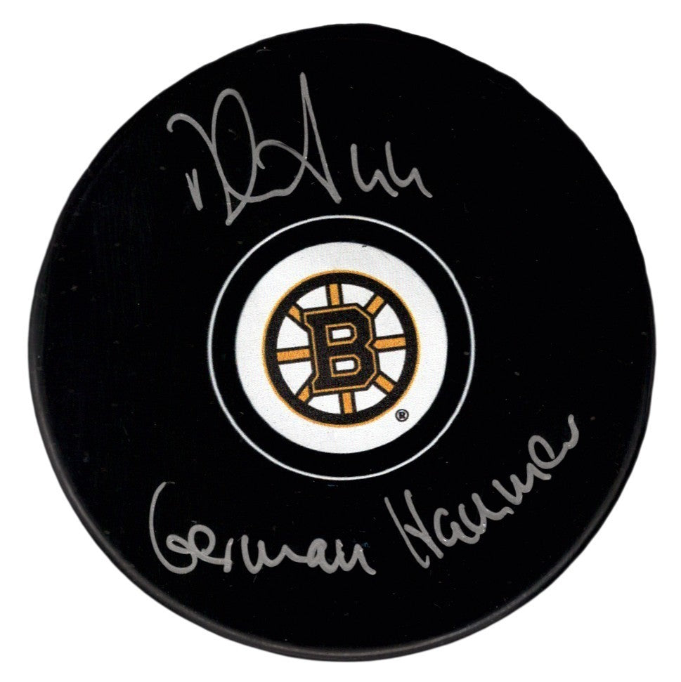 Dennis Seidenberg Signed Boston Bruins Logo Puck w German Hammer JSA Witness COA-Powers Sports Memorabilia