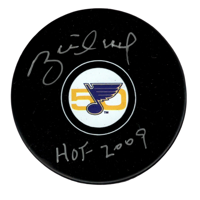 Brett Hull Signed Auto Blues 50th Anniversary Puck w/ HOF 2009 Beckett W Beckett Authenticated-Powers Sports Memorabilia