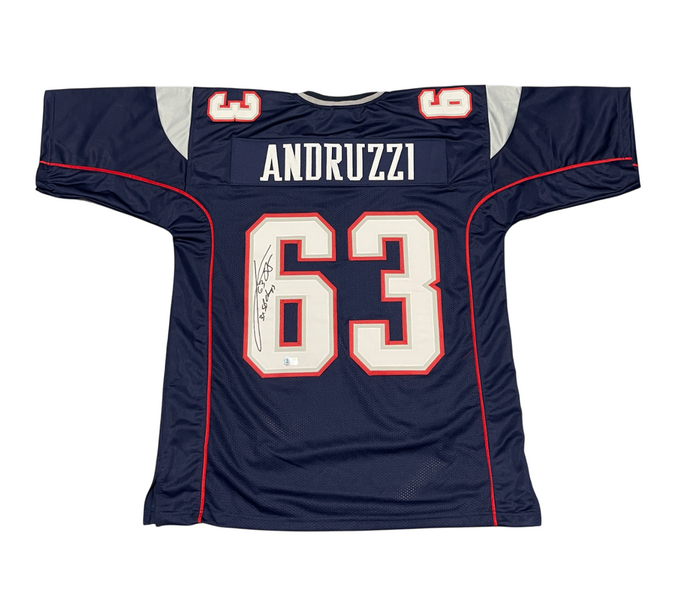 Joe Andruzzi Signed Custom Jersey w/ 3 SB Champ Beckett Witness Authenticated-Powers Sports Memorabilia