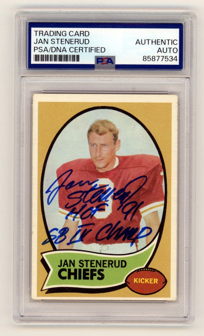 Jan Stenerud 1970 Topps #25 Signed Auto Rookie RC w/ 2 Insc. PSA/DNA Authenticated-Powers Sports Memorabilia