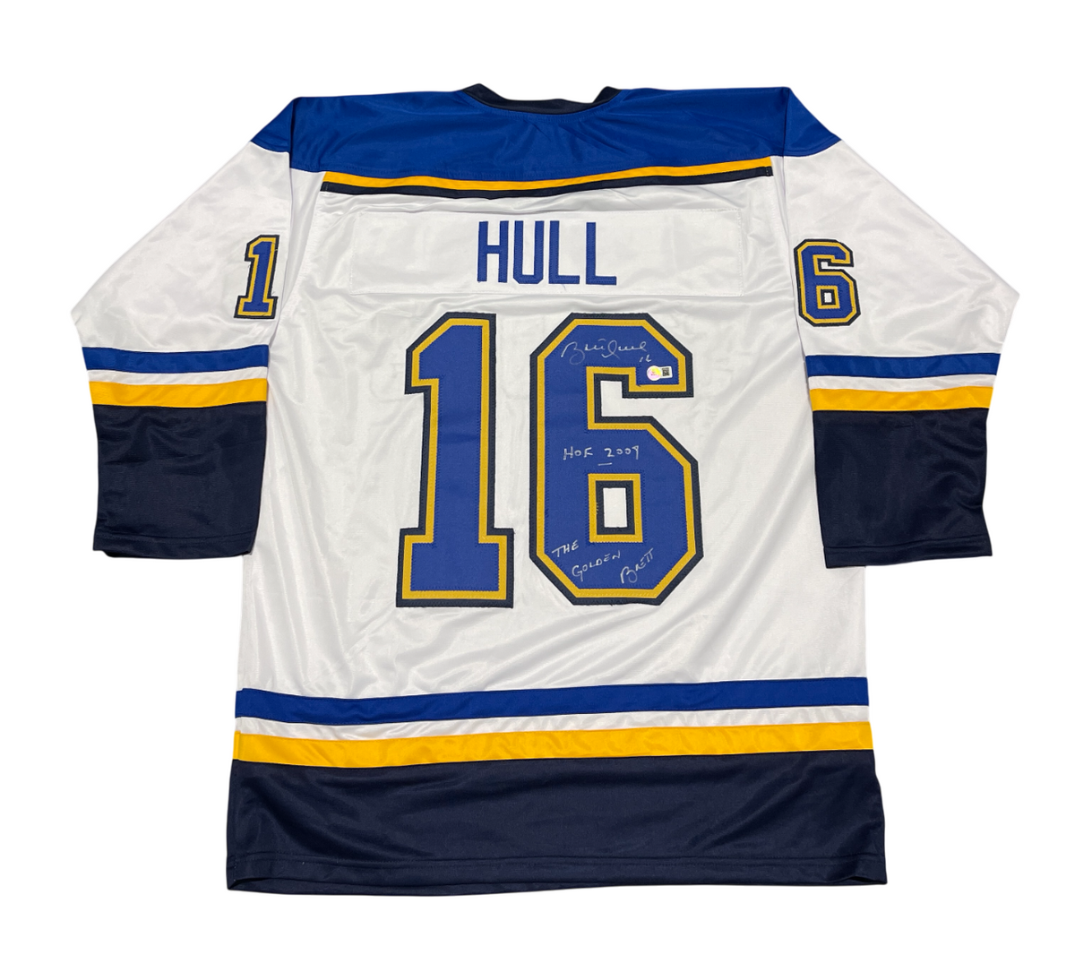 Brett Hull Signed Auto Blues Custom Jersey w/ 2 Insc Beckett Witness BAS COA-Powers Sports Memorabilia