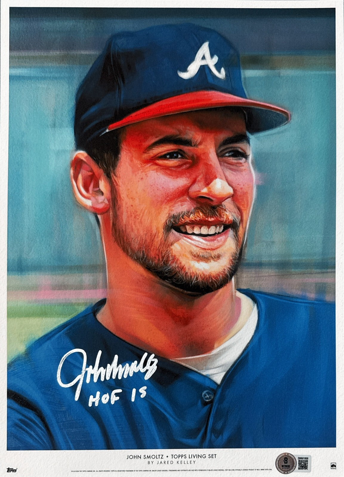 John Smoltz Signed 11x17 Topps Living Print w/ HOF 15 Beckett Witness BAS COA-Powers Sports Memorabilia