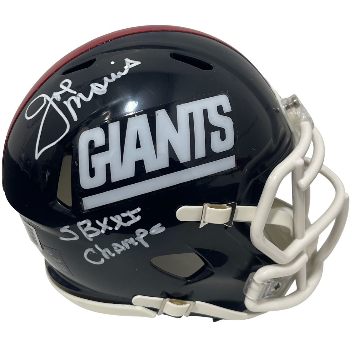 Joe Morris Signed Giants TB Mini Helmet w/ SB XXI Champ Beckett Witness BAS COA-Powers Sports Memorabilia