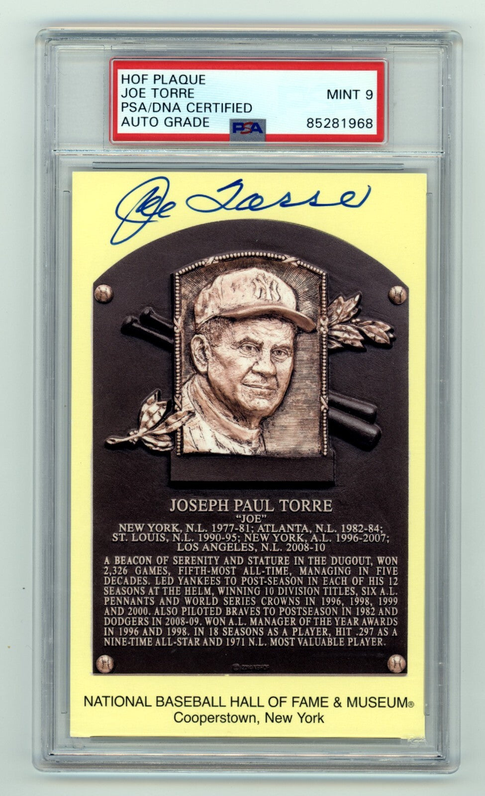 Joe Torre Signed Yellow HOF Plaque Post Card w/ Induction Day Stamp PSA 9 Auto-Powers Sports Memorabilia