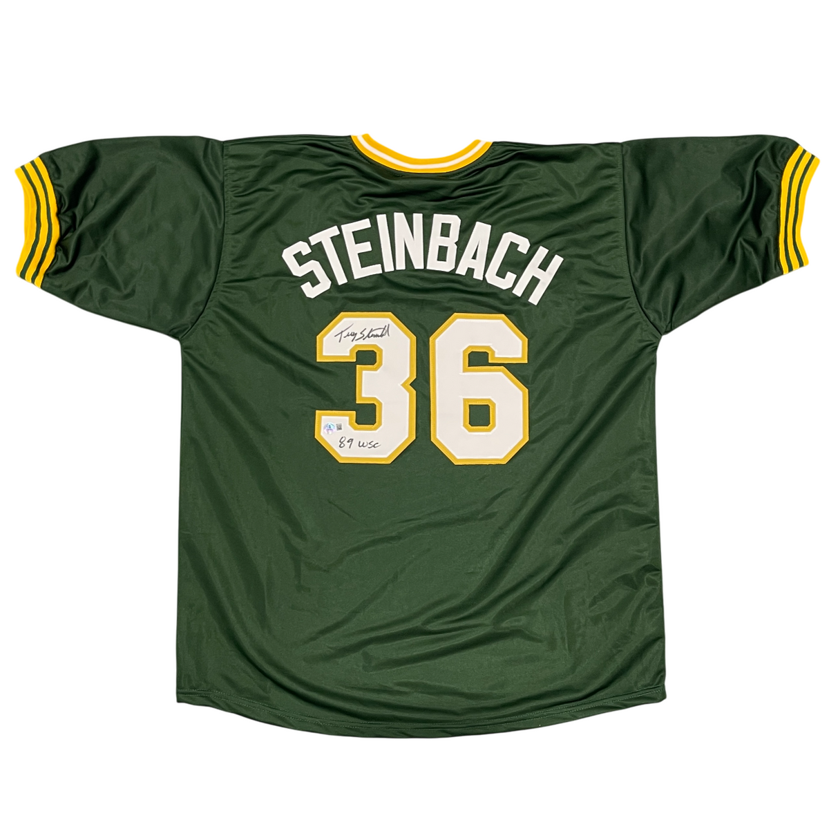 Terry Steinbach Signed Athletics Custom Jersey w/ 89 WSC Beckett Wit BAS COA-Powers Sports Memorabilia