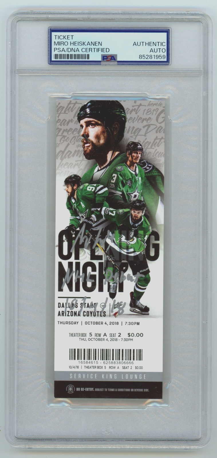 Miro Heiskanen Signed NHL Debut Game Ticket 10/4/18 w/ Insc. PSA Auth Auto Stars-Powers Sports Memorabilia