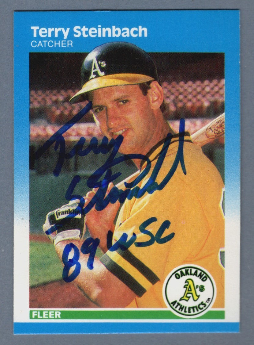 Terry Steinbach Signed 1987 Fleer #405 Rookie RC w/ 89 WSC LSCM Authenticated Athletics-Powers Sports Memorabilia
