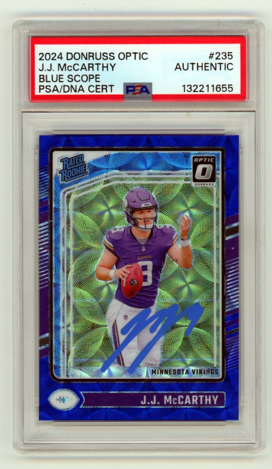 J.J. McCarthy 2024 Donruss Optic Blue Scope Prizm Signed Rookie RC SP PSA Auto-Powers Sports Memorabilia