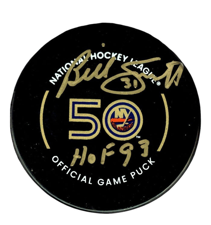 Billy Smith Signed Islanders 50th Anniversary Game Puck w/ HOF 93 JSA Witness Authenticated-Powers Sports Memorabilia