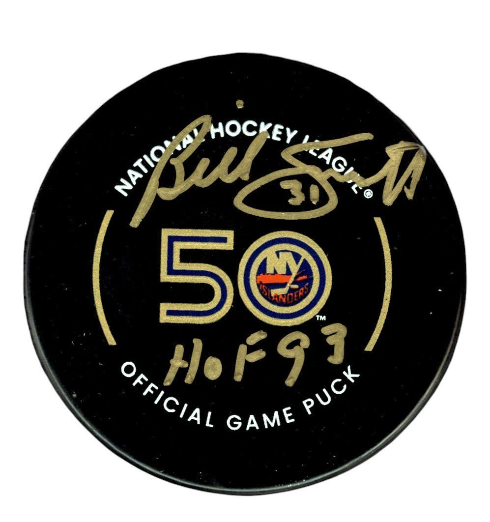 Billy Smith Signed Islanders 50th Anniversary Game Puck w/ HOF 93 JSA Wit COA-Powers Sports Memorabilia