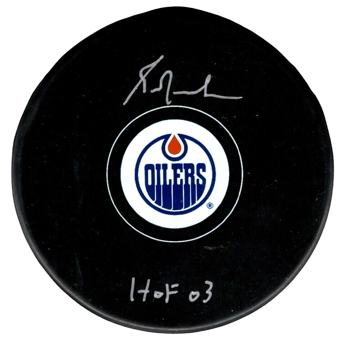 Grant Fuhr Signed Edmonton Oilers Logo Puck w/ HOF 03 Beckett Witness Authenticated-Powers Sports Memorabilia