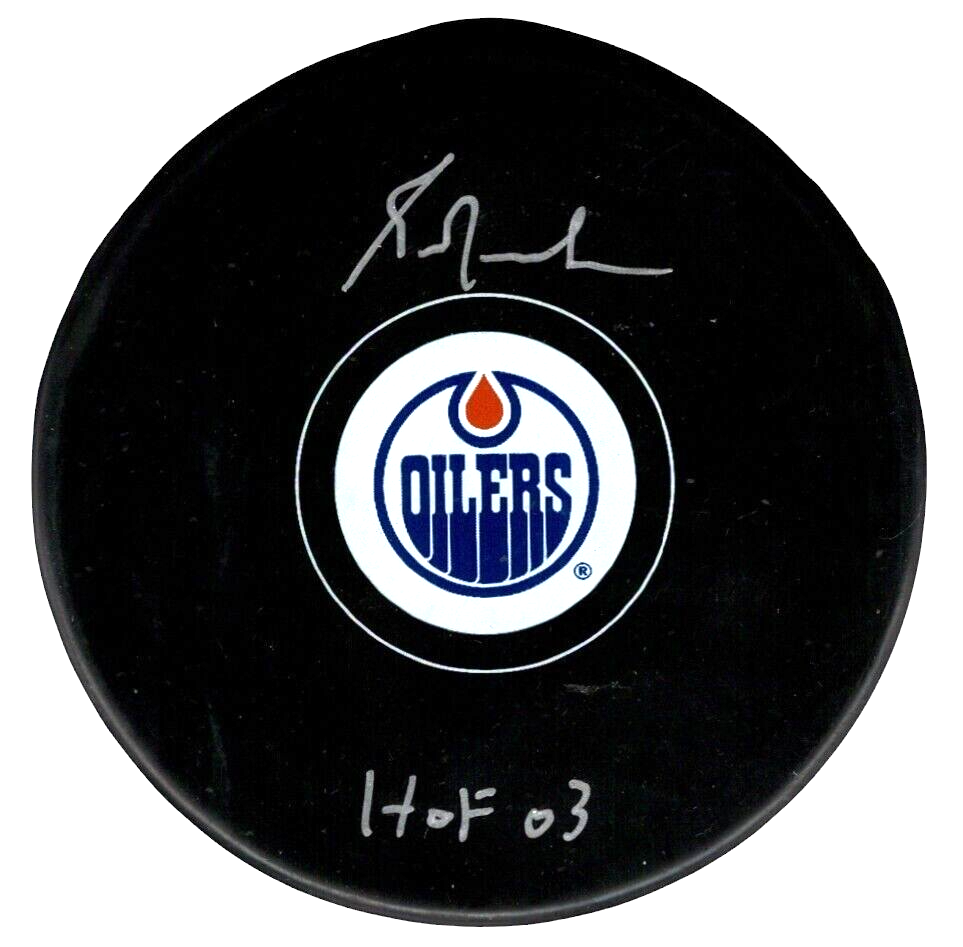 Grant Fuhr Signed Edmonton Oilers Logo Puck w/ HOF 03 Beckett Witness Authenticated-Powers Sports Memorabilia
