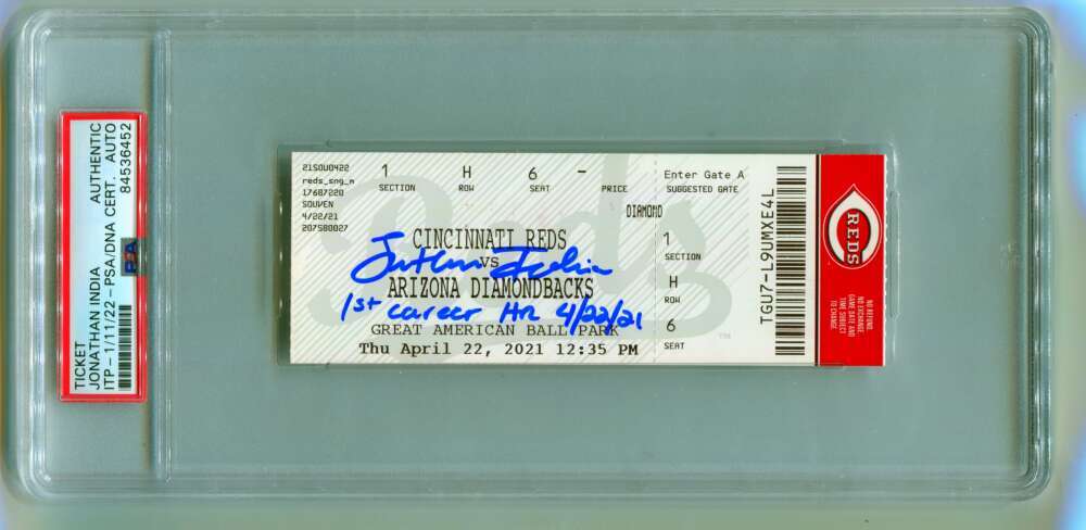 Jonathan India Signed 1st Career Home Run Ticket Inscription PSA Authentic Auto-Powers Sports Memorabilia