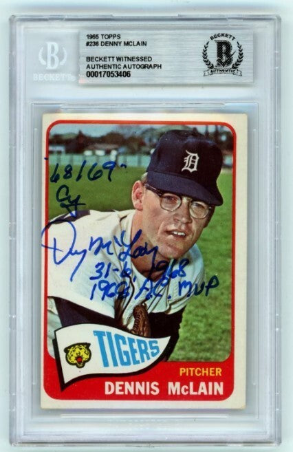 Denny McLain 1965 Topps #236 Rookie RC w/ 3 Insc. Signed Beckett BAS BGS Auto-Powers Sports Memorabilia