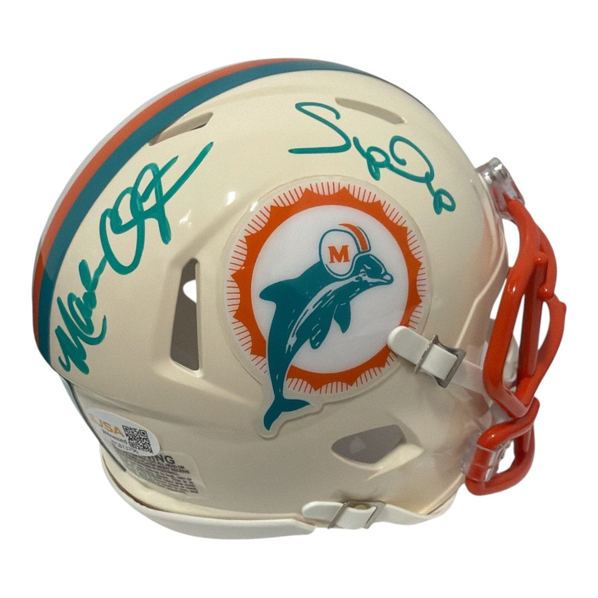 Mark Clayton & Mark Duper Dual Signed Dolphins Retro Mini Helmet JSA Witness COA-Powers Sports Memorabilia