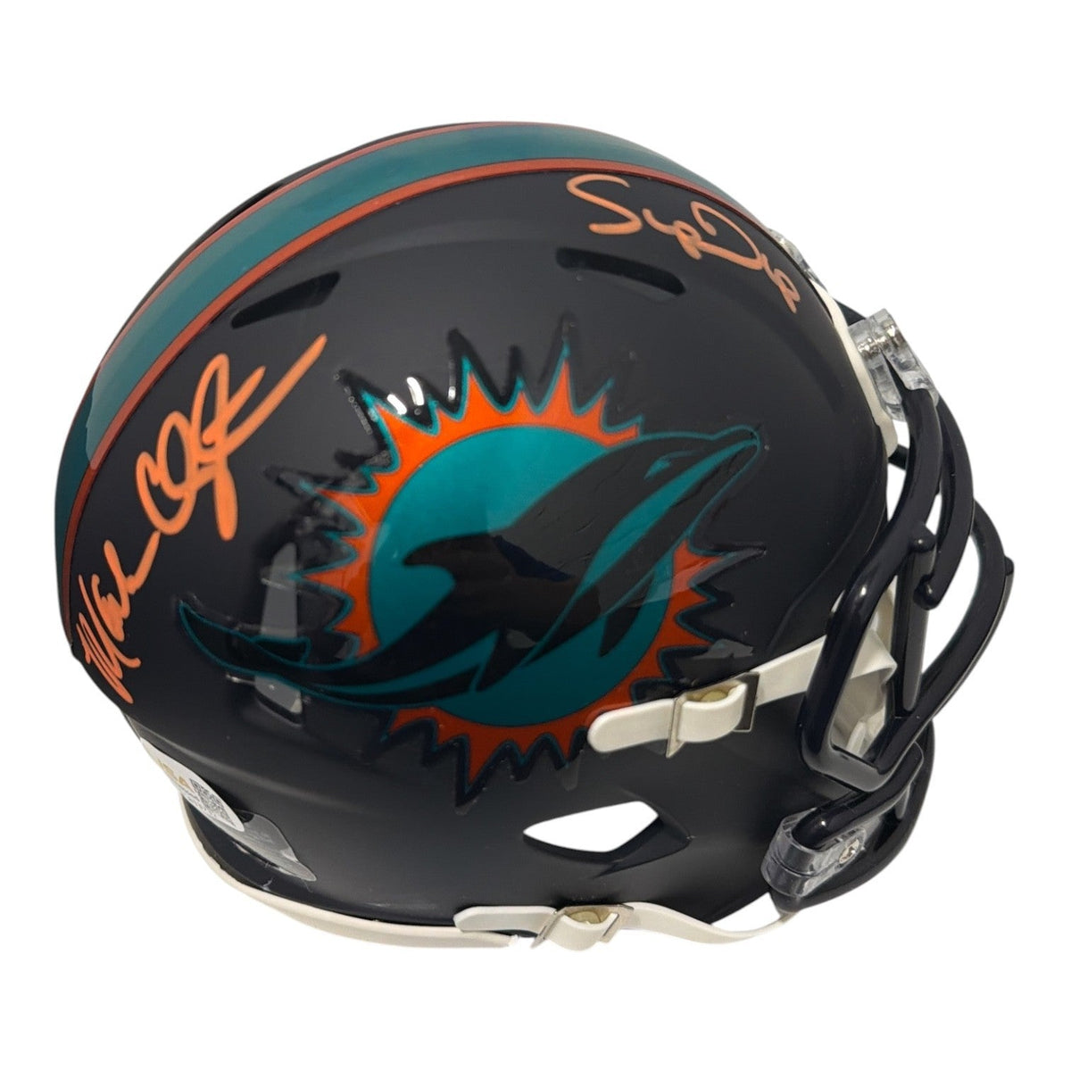 Mark Clayton & Mark Duper Dual Signed Dolphins Rivalries Mini Helmet JSA Wit COA-Powers Sports Memorabilia
