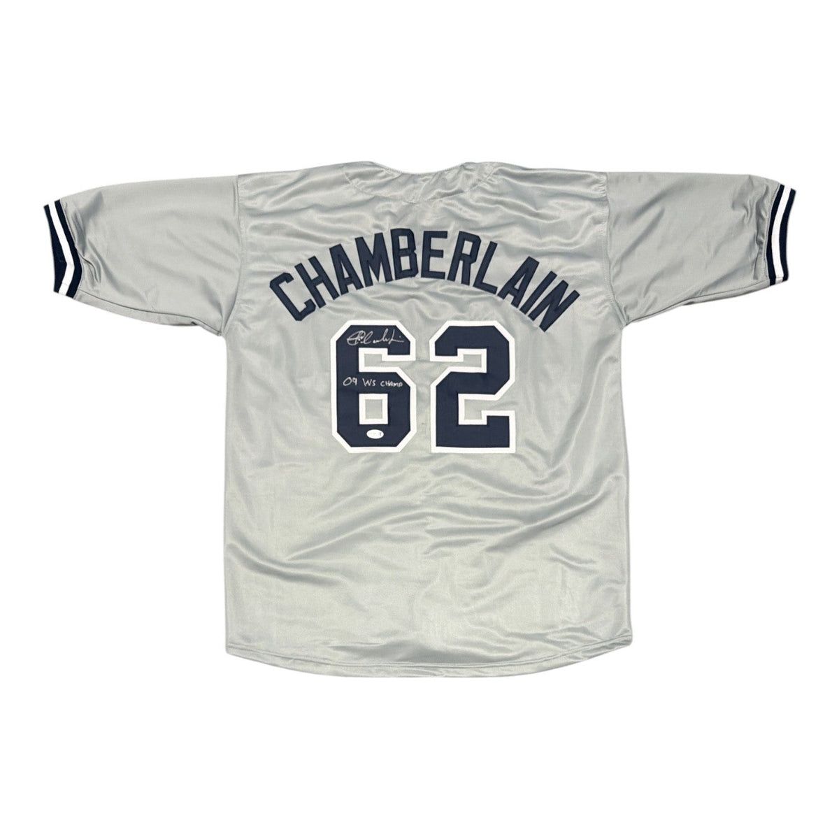 Joba Chamberlain Signed Custom Jersey w/ 09 WS Champs JSA Witness Authenticated - Grey Jersey-Powers Sports Memorabilia