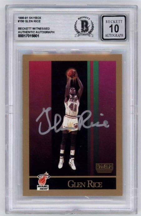 Glen Rice 1990-91 Skybox #150 Rookie RC Signed Beckett Witness BGS 10 Auto Heat-Powers Sports Memorabilia