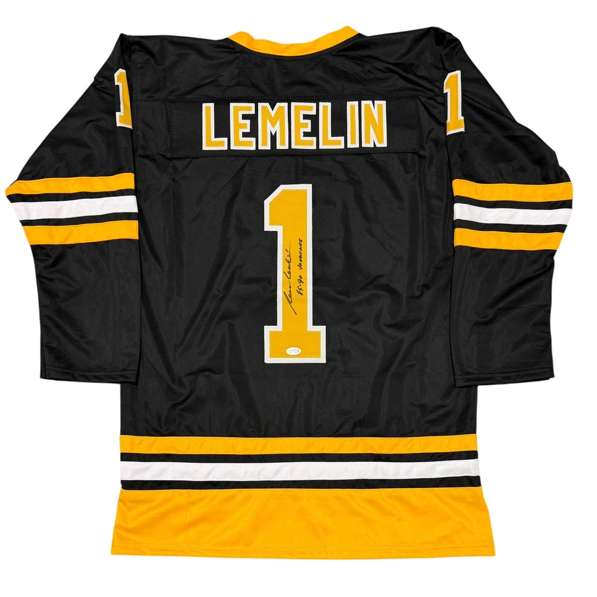 Rejean Lemelin Signed Boston Bruins Custom Jersey w/ 89-90 Jennings JSA Wit COA-Powers Sports Memorabilia