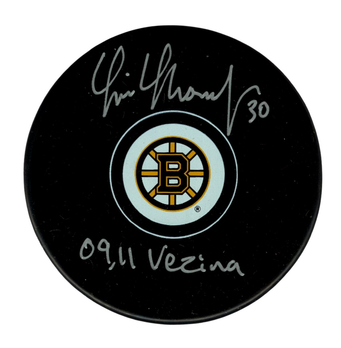 Tim Thomas Signed Auto Boston Bruins Puck w/ 09 , 11 Vezina Beckett Witness Authenticated-Powers Sports Memorabilia
