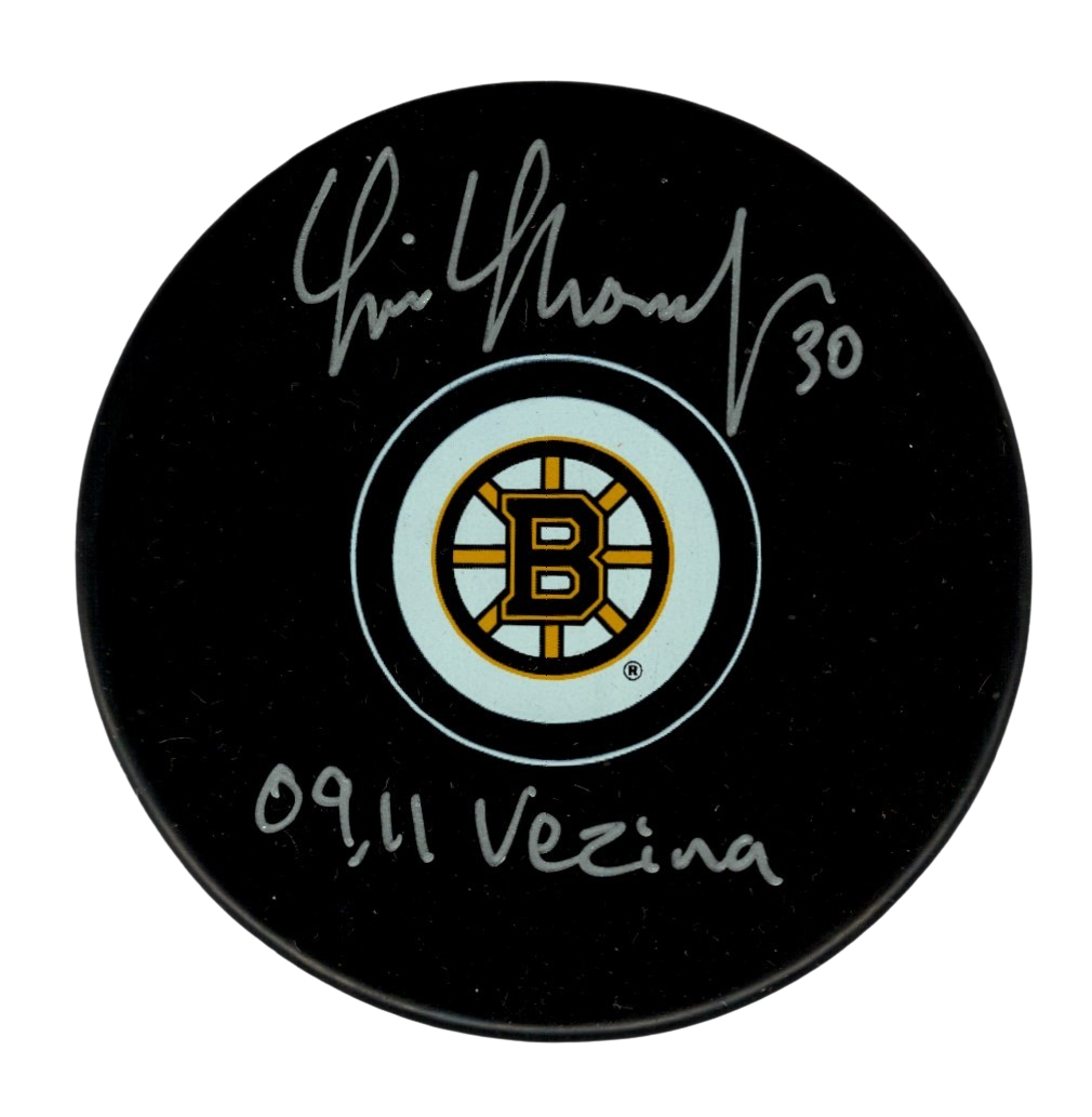 Tim Thomas Signed Auto Boston Bruins Puck w/ 09 , 11 Vezina Beckett Witness Authenticated-Powers Sports Memorabilia
