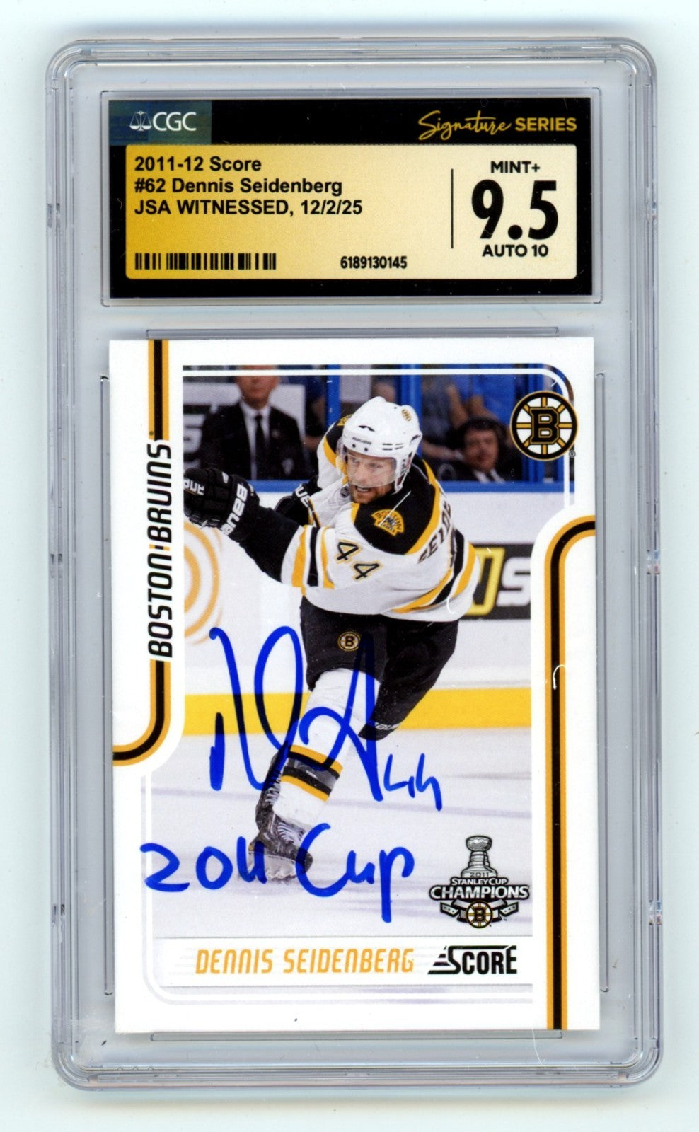Dennis Seidenberg 2011-12 Score #62 Signed w/ 2011 Cup Insc. JSA CGC 9.5 10 Auto-Powers Sports Memorabilia